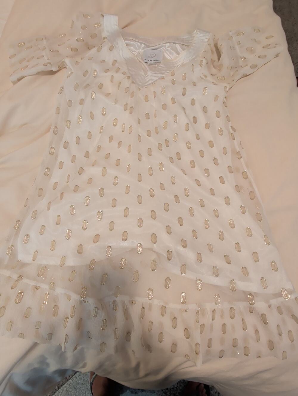Bizz Princess White V Neck Top Size M Gold Metallic Foil Clip Dot Blouse Shirt